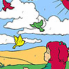 Girl and birds in the field coloring game